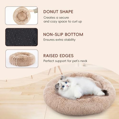 FluffyDream 30 Inch Calming Donut Bed for Dogs and Cats, Brown Washable Plush Fur Cuddle Bed - color: Brown, size: Donut - 30''L x 30''W x 8''H