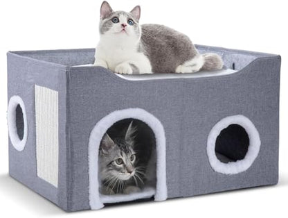 Cat House for Indoor Cats – Foldable Cat Cave & Covered Cat Bed, Cozy Hideaway for Small Pets and Large Cats (23.6"x16"x12.8"),Grey - style: Grey