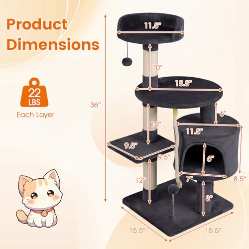 PETSITE 36-inch Multi-Level Cat Tree, with Sisal Scratching Posts, Comfy Top Perch, Cozy Condo, Playful Sisal Rope and Spring Ball, and Dangling Ball, Ideal for Indoor Cats and Kittens (Dark Grey) - color: Dark Grey