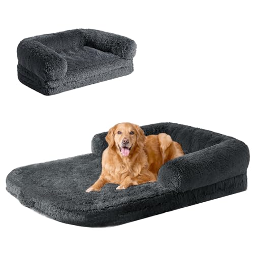 EHEYCIGA Foldable XXL Dog Bed for Large Sized Dog, 54"x38"x7.5" Faux Fur Fluffy Pet Couch Bed, Orthopedic Calming Memory Foam Big Pet Bed, Washable Pet Sofa Bed with Non-Slip Bottom, Dark Grey - color: Dark Grey, size: 54x38x7.5(Folded 38x27)