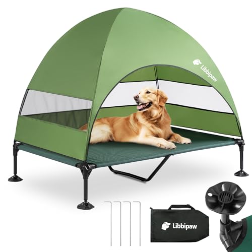 Windproof Elevated Dog Bed with Canopy & Stakes, 3-Sided 90% UV Block, Chew-Proof Teslin Mesh Mat for Large Dogs up to 150lbs(Green X-Large) - color: Green, size: X-Large