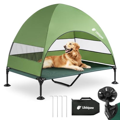 Windproof Elevated Dog Bed with Canopy & Stakes, 3-Sided 90% UV Block, Chew-Proof Teslin Mesh Mat for Large Dogs up to 150lbs(Green X-Large) - color: Green, size: X-Large