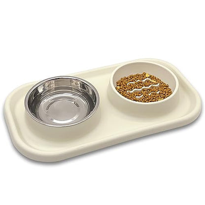 Slow Feeder Dog Cat Bowls, Stainless Steel with Silicone Mat Dog Food and Water Bowls Set, Pet Feeder to Slow Down Eating for Cats, Small Dog - color: Beige