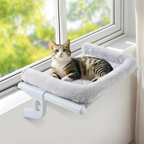 Cat Window Perch Hammock Sturdy Windowsill Bed Seat for Large Cats No Drilling No Suction Adjustable Kitty Shelf with Washable Cover Easy Assembly Holds up to 40 lbs 22.05 * 15 in (Grey, S) - color: Grey, size: 22.05x15in