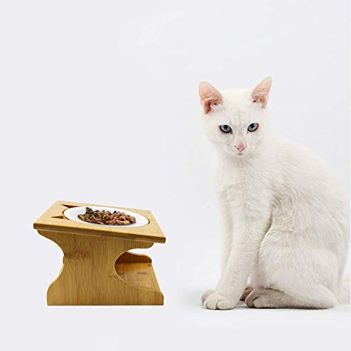 Cat Bowls Pet Dining Table with Raised Slope Wooden Stand Elevated Pet Bowls with Oblique Stand for More Comfortable Eating for Cats, Dogs, Kitten and Puppy (Single Bowl, Ceramics) - color: Ceramics, size: Single Bowl