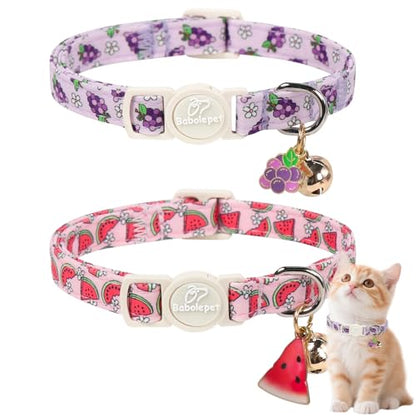 2 Pack Summer Cat Collars - Lavender GRAP & Pink Watermelon Breakaway Safety Cat Collars, Adjustable Soft Boy Girl Kitten Collar for Small Dogs Puppy, Cute Pet Collar with Bell & Pendant - color: Grap&Watermelon
