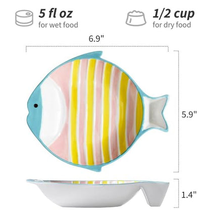 Ceramic Cat Food Bowl Set, Shallow Wide Flat, Whisker Friendly, Nonslip, Cute Fish Cat Bowl for Dry and Wet Food, for Indoor Cats, Pink/Yellow, 2 Pack