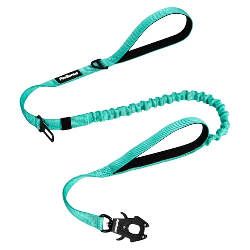 Heavy Duty Tactical Dog Leash, 5 FT Bungee Shock Absorption Leash with 2 Padded Handles, Quick Release Metal Clip, Car Seatbelt, No Pull Training Lead for Large Medium Dogs（Turquoise） - color: Turquoise
