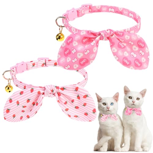 KOOLTAIL Girl Cat Collar Breakaway with Bowtie and Bells, 2 Pack Cute Kitten Collars, Pink Heart & Strawberry Design with Safety Buckle Adjustable for Small Large Girl Cats - color: Heart & Strawberry
