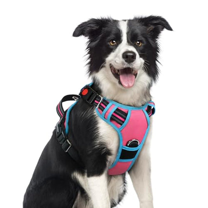 rabbitgoo Dog Harness Medium Sized, No Pull Dog Vest with 3 Buckles, Adjustable Soft Padded Pet Harness with Easy Control Handle and Reflective Strips, Rose Pink & Blue, M - color: Rose Pink & Blue, size: Medium
