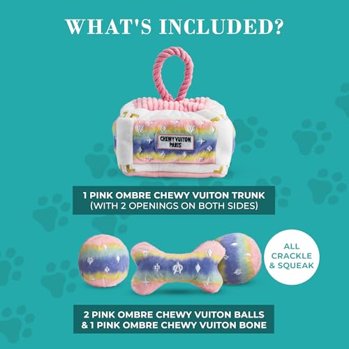 Haute Diggity Dog Chewy Vuiton Trunk Puzzle with 3 Plush Squeaky Dog Toys, Soft Durable Designer-Inspired Stuffed Puppy Chew Toys for Small & Medium Dogs, Machine-Washable (Pink Ombre) One Size - color: Pink Ombre Trunk, size: One Size