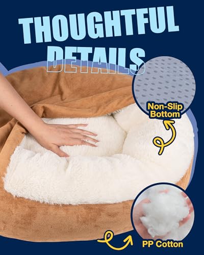 Pet Soft Small Dog Bed Cat Bed with Cover Cave - Round Calming Dog Beds Washable Cuddler Puppy Beds for Small, Medium Dogs and Cats (Khaki, 27") - color: Khaki, size: Medium (27"x27"x8")