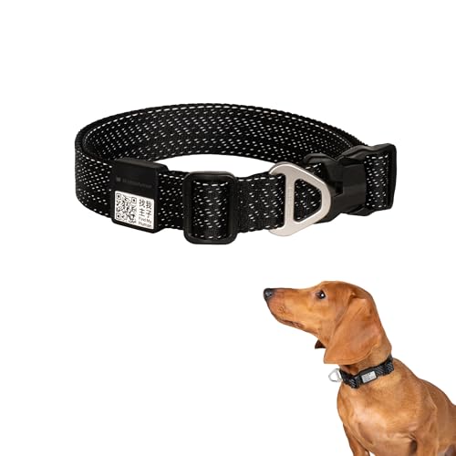 All-Weather Dog Collar Reflective Adjustable Soft Nylon QR Code Anti-Lost Collar Breathable with Quick-Release Buckle Patent Alloy Ring for Small Medium Large Dog (Super Reflect-Black, S) - color: Super Reflect-Black, size: S