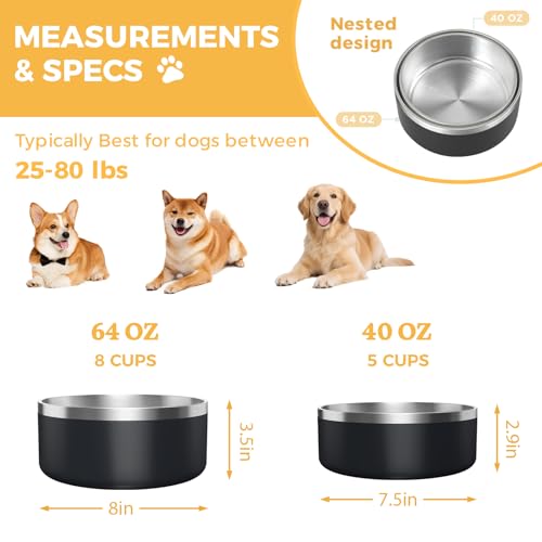 2 Pack Stainless Steel Dog Bowls, Outdoor Dog Water Bowl with Non Slip Rubber Bottom, Dishwasher Safe, Easy to Clean,40oz&64oz Black - color: BLACK