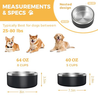 2 Pack Stainless Steel Dog Bowls, Outdoor Dog Water Bowl with Non Slip Rubber Bottom, Dishwasher Safe, Easy to Clean,40oz&64oz Black - color: BLACK