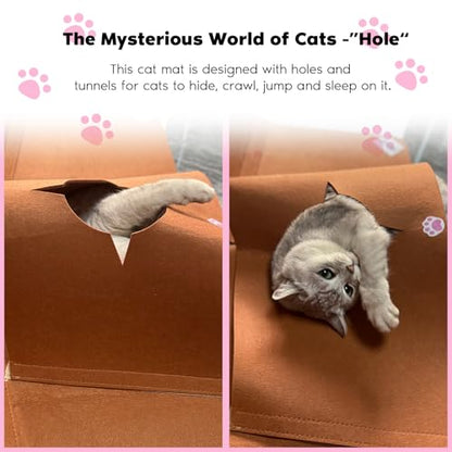 Interactive Cat Tunnel Mat for Indoor Cats, 4-Way Felt Cat Cave with Hanging Ball, Foldable Kitty Play Mat and Hideout, Pet Enrichment Toy for Kittens, Rabbits, Small Pets - color: Brown