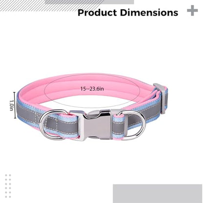 Large Dog Collar, Soft Padded with Space Cotton Lining, Reflective Design, Engraving Option, Light Blue and Variety of Colors