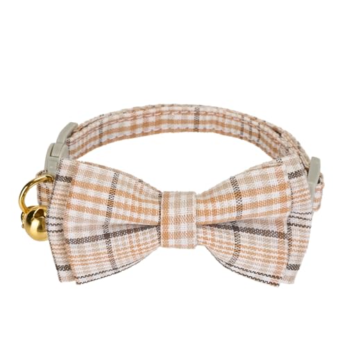 2 Pack Cotton Cat Collar, Removable Bowtie, Plaid Pattern, Safety Breakaway Clasp, Adjustable for Cats.(Adult Cat, Beige and Red) - color: Beige+Red