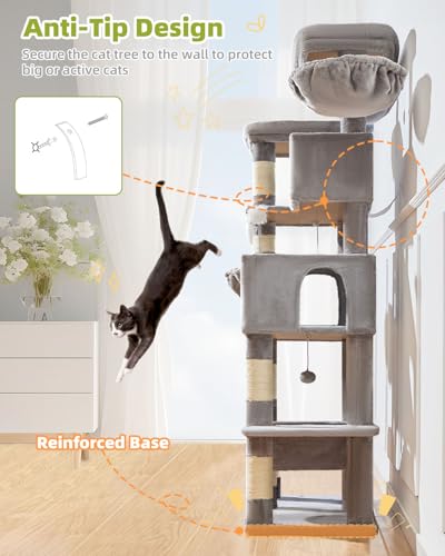 Taoqimiao Cat Tree Tower, 76-Inch Sturdy Cat Tree for Indoor Cats Large Adult Cat Tower with Scratching Posts，2 Condos, 2 Perches, 2 Large Hanging Baskets, Soft Hammock, MS046W Light Gray - color: Light Gray