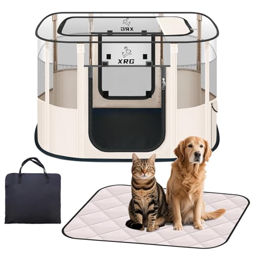 Dog Play Pen with Waterproof pad,Portable Dog Crates for Medium Dogs Kennel Tent,Dog Cages Indoor Breathable Mesh Collapsible Dog House Travel Playpen for Dogs Indoor & Outdoor(Medium, Beige) - color: Beige, style: Medium（31.5"L x 23.6"W x 21.7"H）