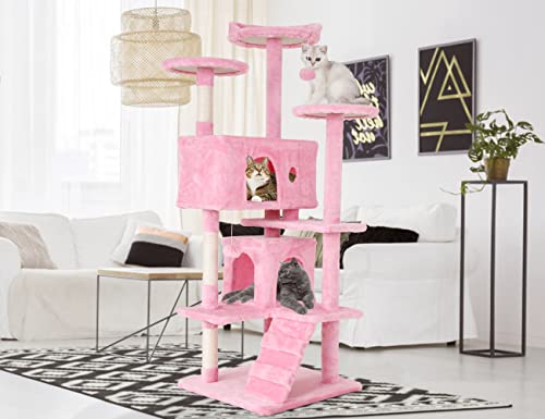 54'' Tall Cat Tree for Indoor Cats, Multi-Level Furniture with 3 Scratching Post, Stand Platform and 2 Condo, Tower Funny Toys, Corner Towers Large Pink - color: Pink
