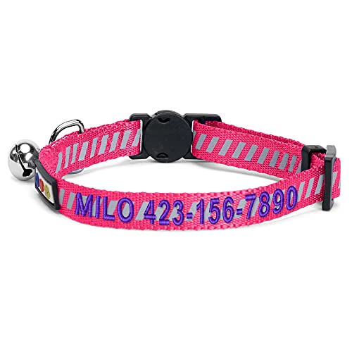 Pawtitas Personalized Pink Reflective Cat Collar – Adjustable Custom Collar with Safety Buckle, Removable Bell, and Engraved Name & Phone Number for Kittens and Adult Cats - color: Personalized Pink