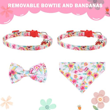 SCENEREAL Spring Cat Collar Breakaway with Bells, 2 Pack Cute Flower Pet Collar with Removable Bow Tie and Bandana, Adjustable Safety Buckle with Daisy Pendants for Girl Cats Kitten - color: Bandanas & Bow (Floral-White)