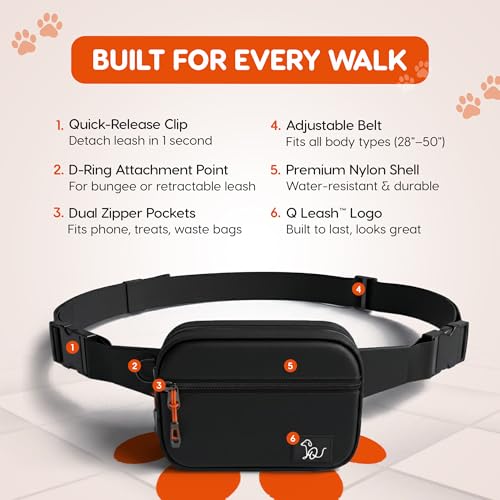 Retractable Hands Free Dog Leash with Zipper Storage Pouch - 3-Piece Bungee Running, Walking & Hiking Leash with Waist Belt - Release Clip, One Button Lock - Reflective Stitching for Medium Large Dogs - color: Q-Leash 3-Piece