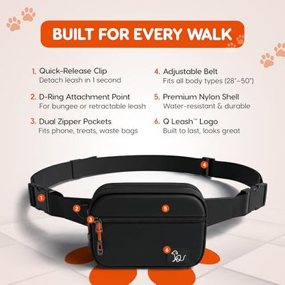 Retractable Hands Free Dog Leash with Zipper Storage Pouch - 3-Piece Bungee Running, Walking & Hiking Leash with Waist Belt - Release Clip, One Button Lock - Reflective Stitching for Medium Large Dogs - color: Q-Leash 3-Piece