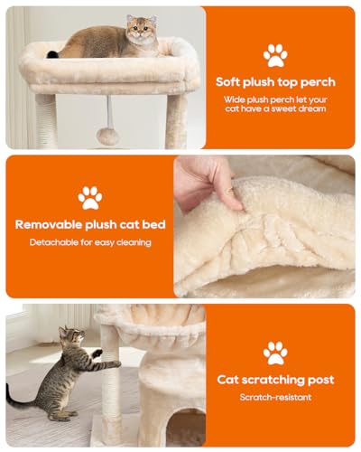 SYANDLVY Small Cat Tree for Indoor Cats, Kittens Condo with Scratching Post and Board, Modern Activity Tower with Cradle, Beige - color: Beige
