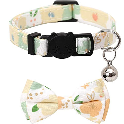 2 Pack/Set Cat Collar Breakaway with Cute Bow Tie and Bell Plaid Flower for Kitty Adjustable Safety - color: Green