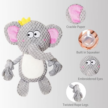 Cute Animals Interactive Squeaky Dog Toy with a Vocal Bladder, Crinkle Paper Stuffed Soft Cotton Chew Toy, Teething Rope Tug of War Pull Toy to Keep Them Busy for Puppy, Small Dogs - Gray Elephant - color: Gray Elephant