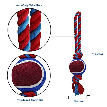Dog Rope Toy with Tennis Ball (11”) – Strong Tug Toys for Dogs for Interactive Play & Bonding – Non-Abrasive Felt Dog Tennis Balls w/Rope for Puppies & Moderate Chewers – 3-Pack Blue - size: 3 set Rope Dog Toy Blue Ball