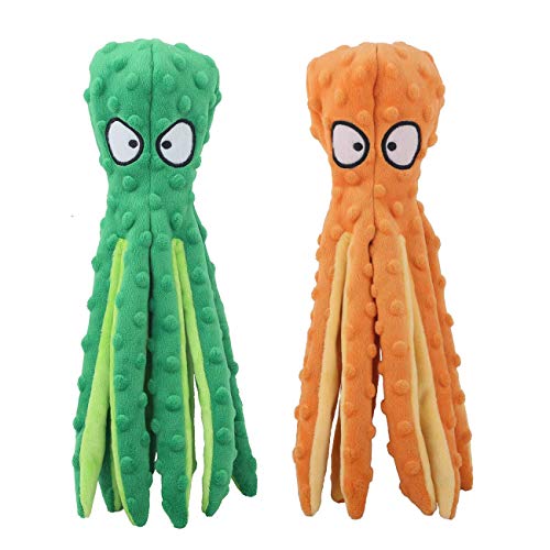 CPYOSN Dog Squeaky Toys Octopus - No Stuffing Crinkle Plush Toys for Puppy Teething, Durable Interactive Chew Toys for Small, Medium and Large Dogs Training and Reduce Boredom, 2 Pack - color: Orange+Green