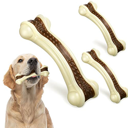Sosation 3 Pack Chew Toys for Aggressive Chewers, Bone Toys Nylon Beef Flavor Dog Teething Toys for Large/Medium/Small Puppies Breeds(Large, Medium, Curved Bone) - size: Large, Medium, style: Curved Bone