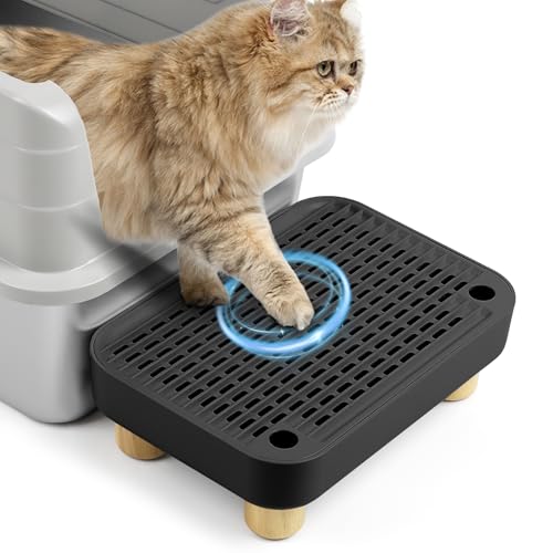 Cat Litter Box Step Ramp, Cat Litter Catcher Mat with Wooden Feet, Filter Function, Pedal Stool for Self-Cleaning Litter Box, Ideal for Kitten & Elderly Cats (Black) - color: Black with Base