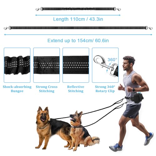 Hands Free Dog Leash with Zipper Pouch, Waist Belt for Large Medium 2 Dogs for Running, Walking, Jogging and Hiking, Dual Padded Handles and Durable Bungee - Black (2 Dog) - color: 2 Dog Black