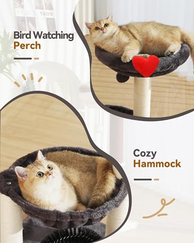 Simple Deluxe 27.8" Small Cat Tree Tower for Indoor Cats, Multi-Level Cute Cat Tree with Scratching Post| Plush Hammock| Perch| Replaceable Cover| Groomer Brush| Dangling Ball for Kittens Play & Rest - color: Smoky Gray & Heart