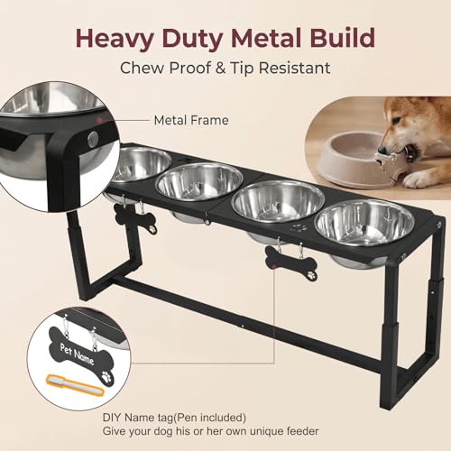 Metal Elevated Dog Bowls, Raised Dog Bowls for Medium/Large Sized Dogs with Four 58oz Stainless Steel Food Bowls, 3 Adjustable Height (8.8"/11.5"/14") Dog Bowl Stand Protect Neck & Joints - size: 8.8-14" | M/L Dogs | 4×58oz Bowls