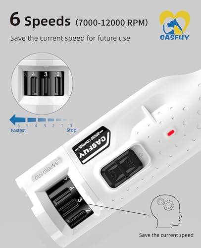 Casfuy Dog Nail Grinder Quiet - (45db) 6-Speed Pet Nail Grinder with 2 LED Lights for Large Medium Small Puppy Dogs/Cats, Professional 3 Ports Rechargeable Electric Dog Nail Trimmer with Dust Cap - color: White