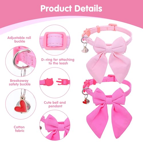 SynHHergyx 2 Pack Pink Cat Collar with Bow, Cute Cat Collar Breakaway with Bells, Pink Bowtie for Girl Cats, Cute Small Kitten Collars with Removable Safety Bowtie