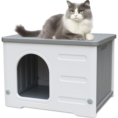 Plastic Cat House Outdoor & Indoor, Feral Cat Houses Waterproof Outdoor Cat House for Feral Cats, Outside Cat Shelter for Small Pet, Assemble and Clean Easily-Grey - style: Small