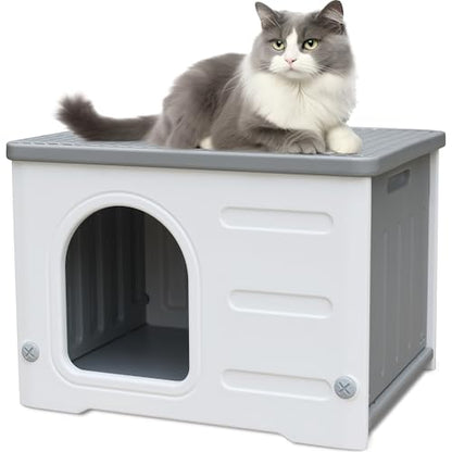 Plastic Cat House Outdoor & Indoor, Feral Cat Houses Waterproof Outdoor Cat House for Feral Cats, Outside Cat Shelter for Small Pet, Assemble and Clean Easily-Grey - style: Small