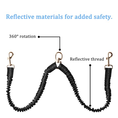 Double Dog Leash – Tangle-Free Dual Leash with 360° Swivel, Shock Absorbing Bungee, Reflective Stitching & Hand-Braided Main Rope (Supports Up to 440 lbs, Black) - color: Black