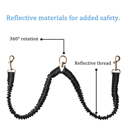 Double Dog Leash – Tangle-Free Dual Leash with 360° Swivel, Shock Absorbing Bungee, Reflective Stitching & Hand-Braided Main Rope (Supports Up to 440 lbs, Black) - color: Black