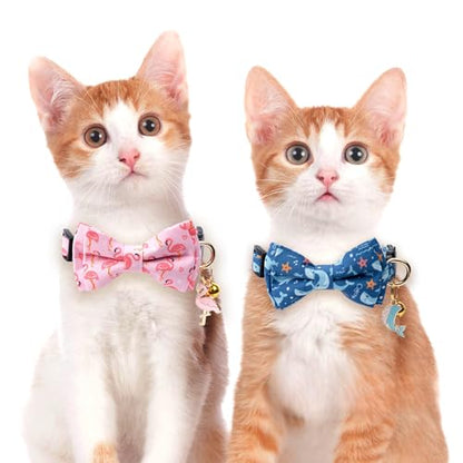 2 Pack Cotton Cat Collar with Bow Tie and Bell for Girl Boy Cats,Cute Pink Flamingo and Blue Whale Pattern Spring Summer Breakaway Cat Collar for Male Female Cats (Flamingo&Whale) - color: Flamingo&Whale