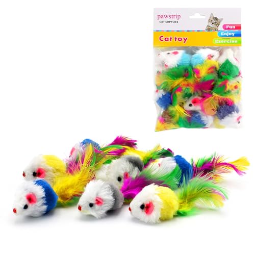 Cat Mouse Toys 12 Pcs Rattle Mice for Indoor Cats Furry Feather Fake Mouse Kitten Interactive Play Squeaky Fur Mice Cat Toy Funny Kitty Tracking Game with Rattling Sounds