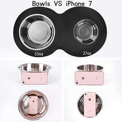 100% Waterproof BPA Free Pet Dog Bowls2 Stainless Steel（53oz+27oz） with 1.35“ Raised Edge Silicone Mat + Slow Feed Dog Water and Food Bowls for Feeding Small Large Dogs Cats Puppies (Black) - color: Black