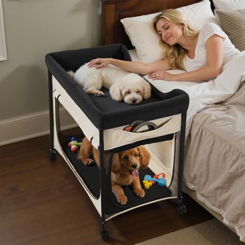 VEVOR Bedside Lounge Pet Bed, Foldable Bunk Dog Bed with 600D Oxford Cloth and Dutch Velvet, Portable Raised Cot with Wheels, Side Storage Bags, and Carry Bag for Cats & Dogs, L, Beige - size: L