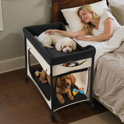 VEVOR Bedside Lounge Pet Bed, Foldable Bunk Dog Bed with 600D Oxford Cloth and Dutch Velvet, Portable Raised Cot with Wheels, Side Storage Bags, and Carry Bag for Cats & Dogs, L, Beige - size: L